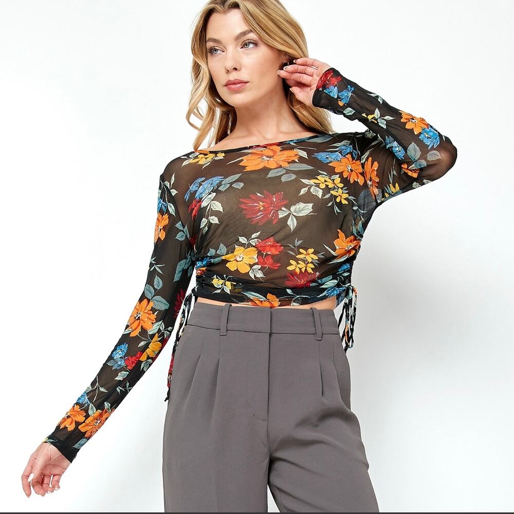 Ambience Floral Tie Ruched Side Mesh Crop top